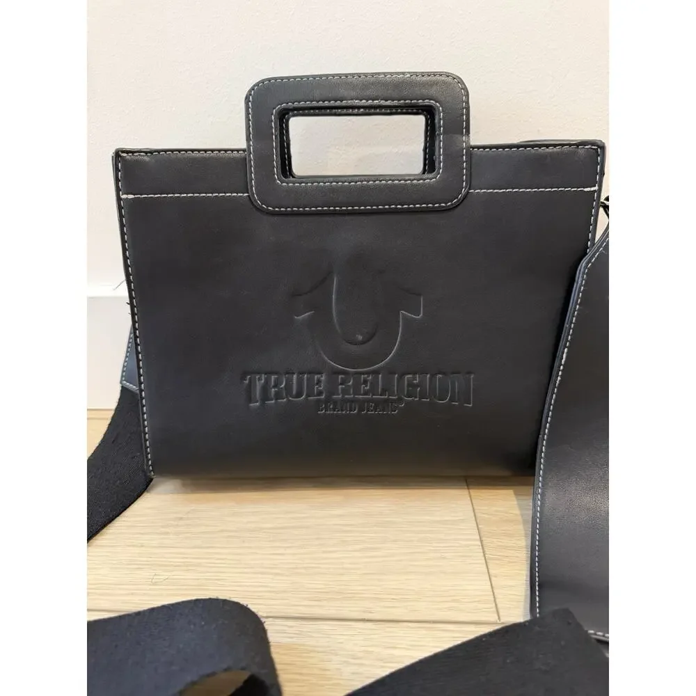 True Religion Womens Black Small Logo Pattern Faux Leather Handle Bag